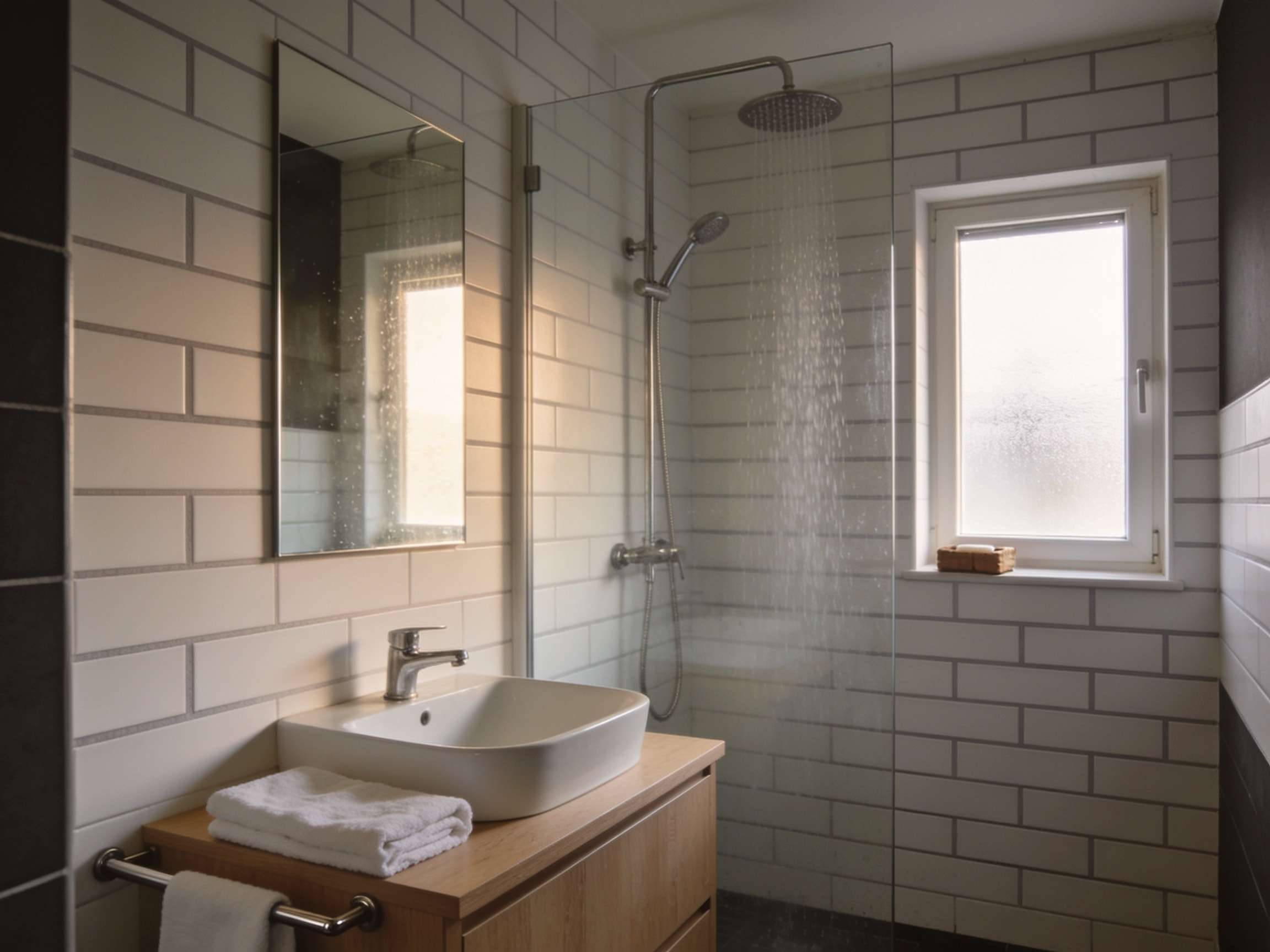Badezimmer mit heller Fliese, Waschtisch und verglaster Dusche mit Chromarmatur