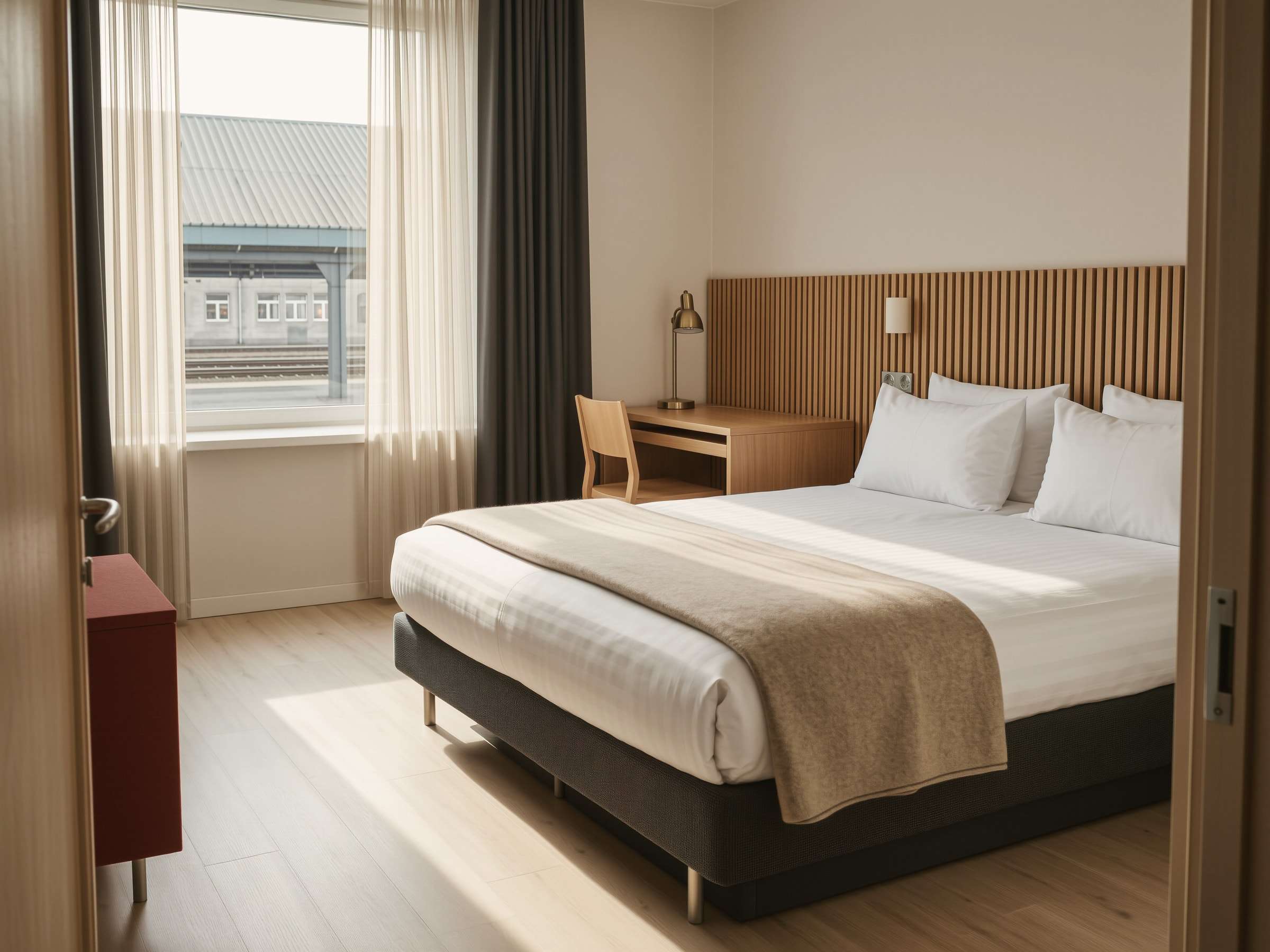 Doppelzimmer: breites Bett mit weißer Bettwäsche und Kopfteil aus Holzlamellen, Schreibtisch am Fenster, Morgenlicht auf dem Holzboden