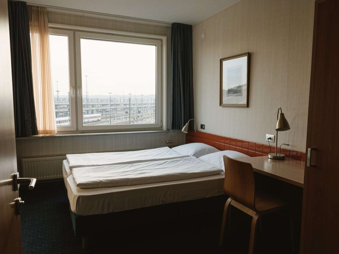 Einzelzimmer: Bett mit weißer Bettwäsche, Schreibtisch mit Leselampe und Stuhl, breites Fenster mit Blick auf die Gleise