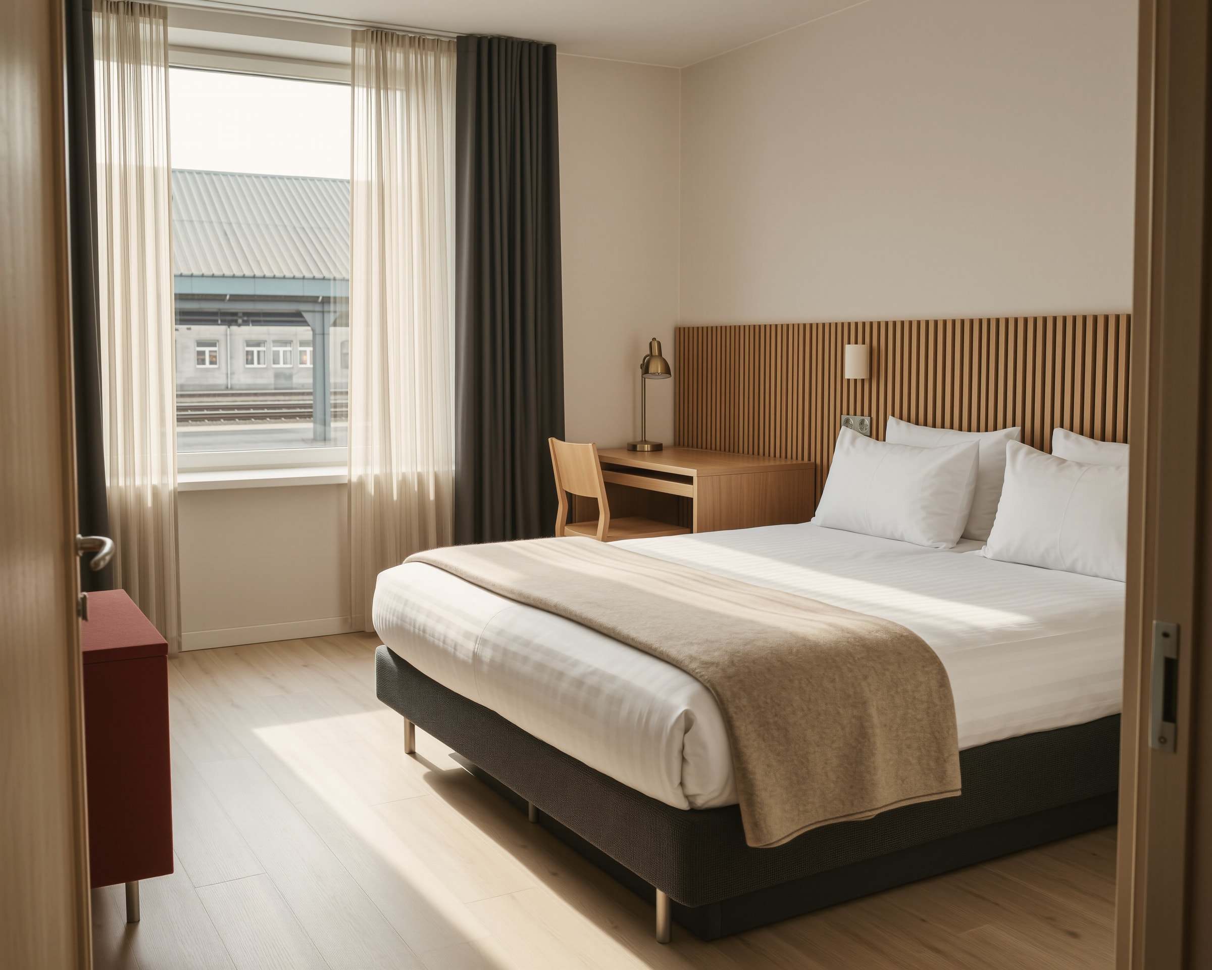 Doppelzimmer am Morgen: frisch bezogenes Bett mit Kopfteil aus Holzlamellen, Schreibtisch mit Leselampe am Fenster zum Bahnhof, Sonnenlicht auf dem Holzboden