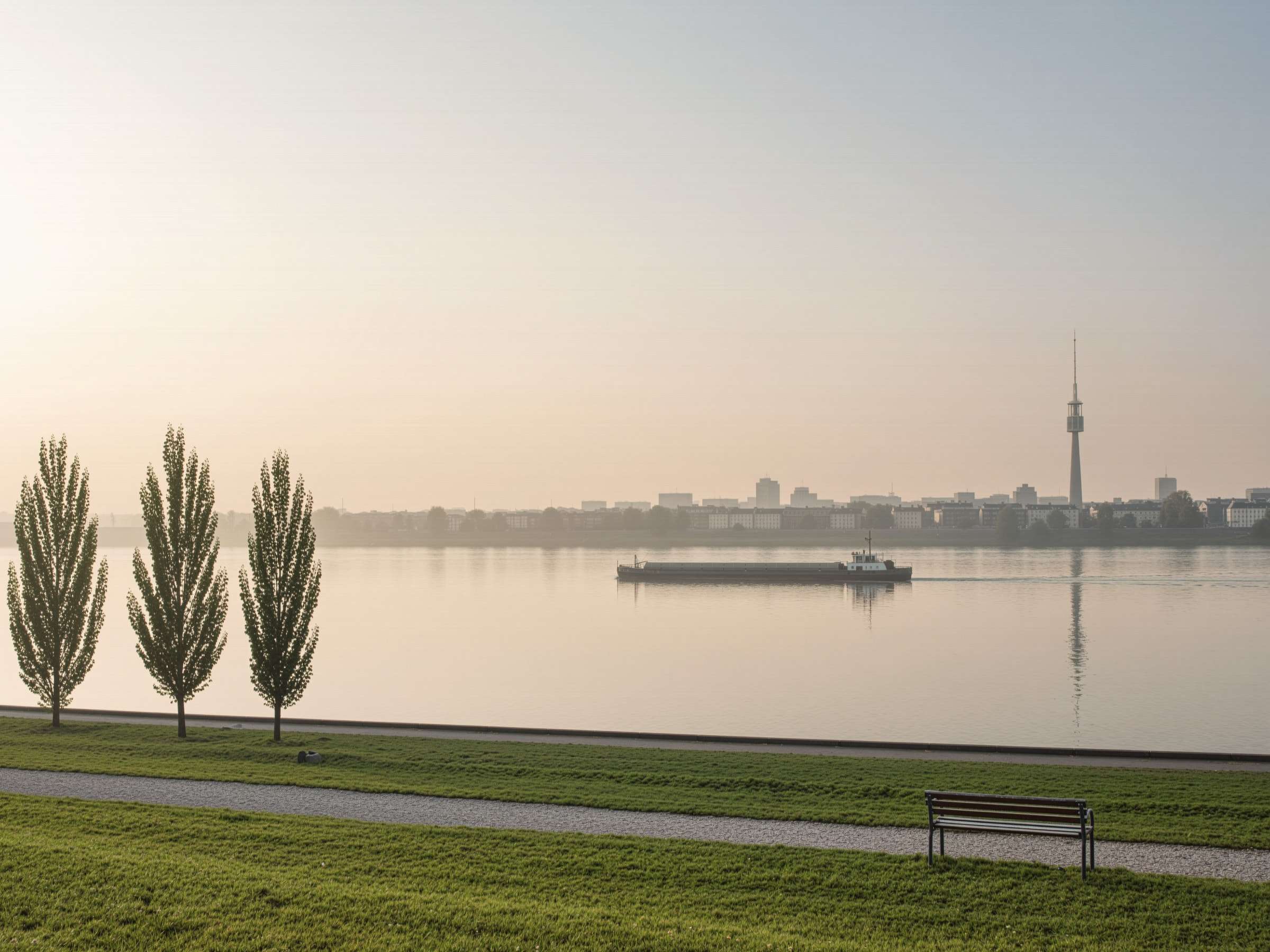 Der Rhein am frühen Morgen: Uferwiese mit Kiesweg und Bank, ein Schiff auf dem Fluss, am anderen Ufer die Silhouette von Düsseldorf mit dem Fernsehturm